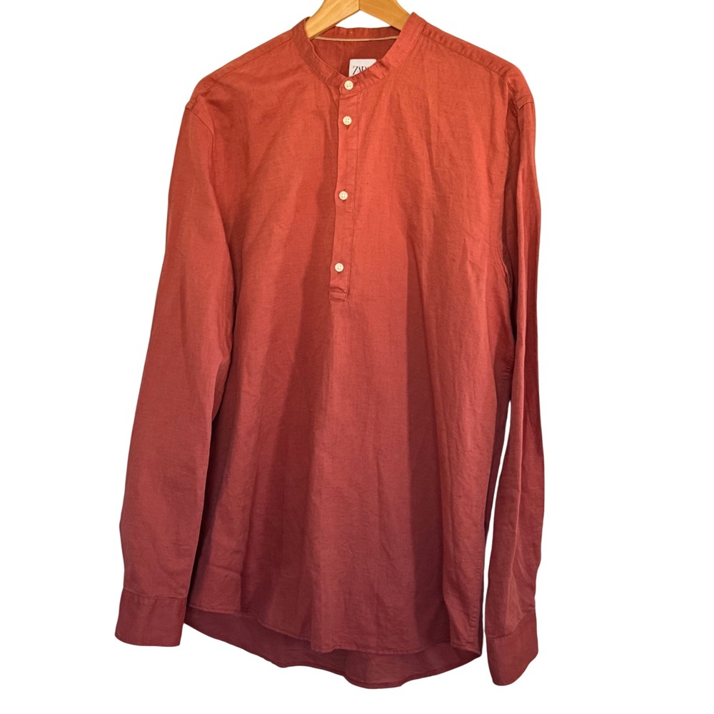 ZARA Top Linen Blend Band Collar Henley Shirt Rust Orange Relaxed Fit Women's L